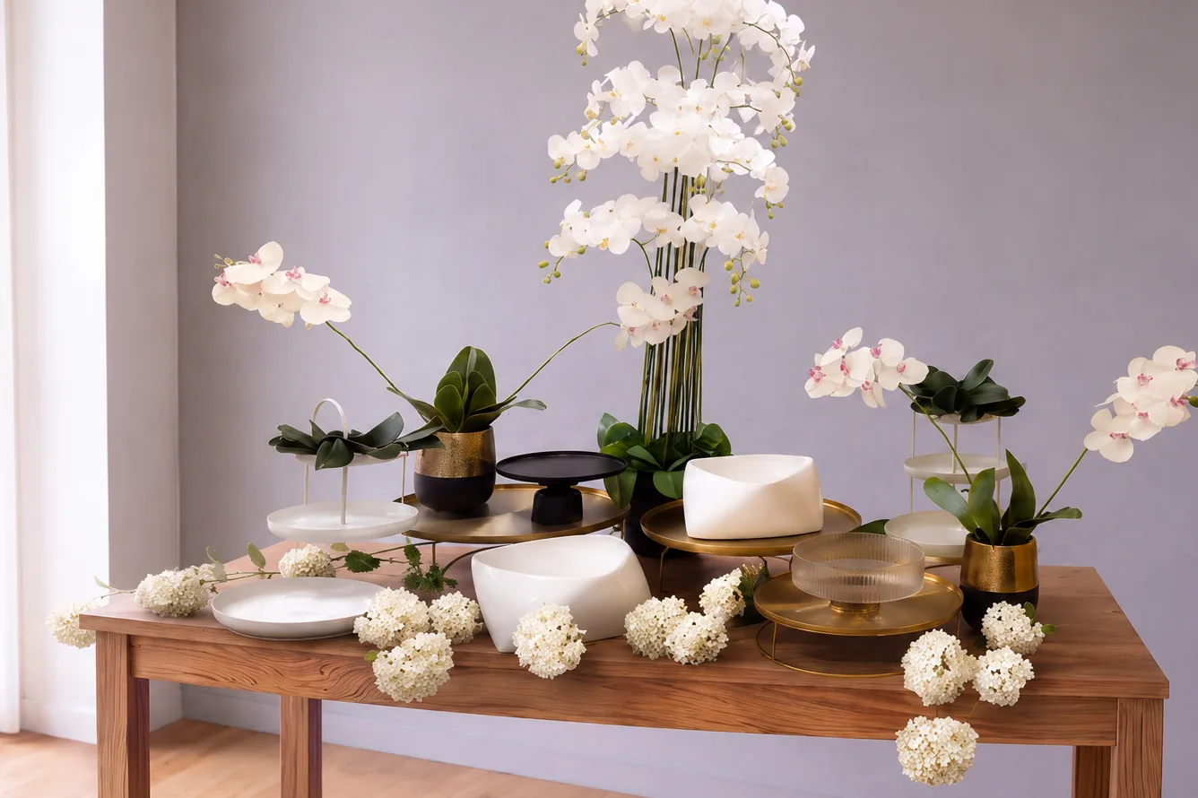 Das Arrangement Holy Gold über die Tischlänge: weisse Orchideen, Messingtabletts und Schneeball.
