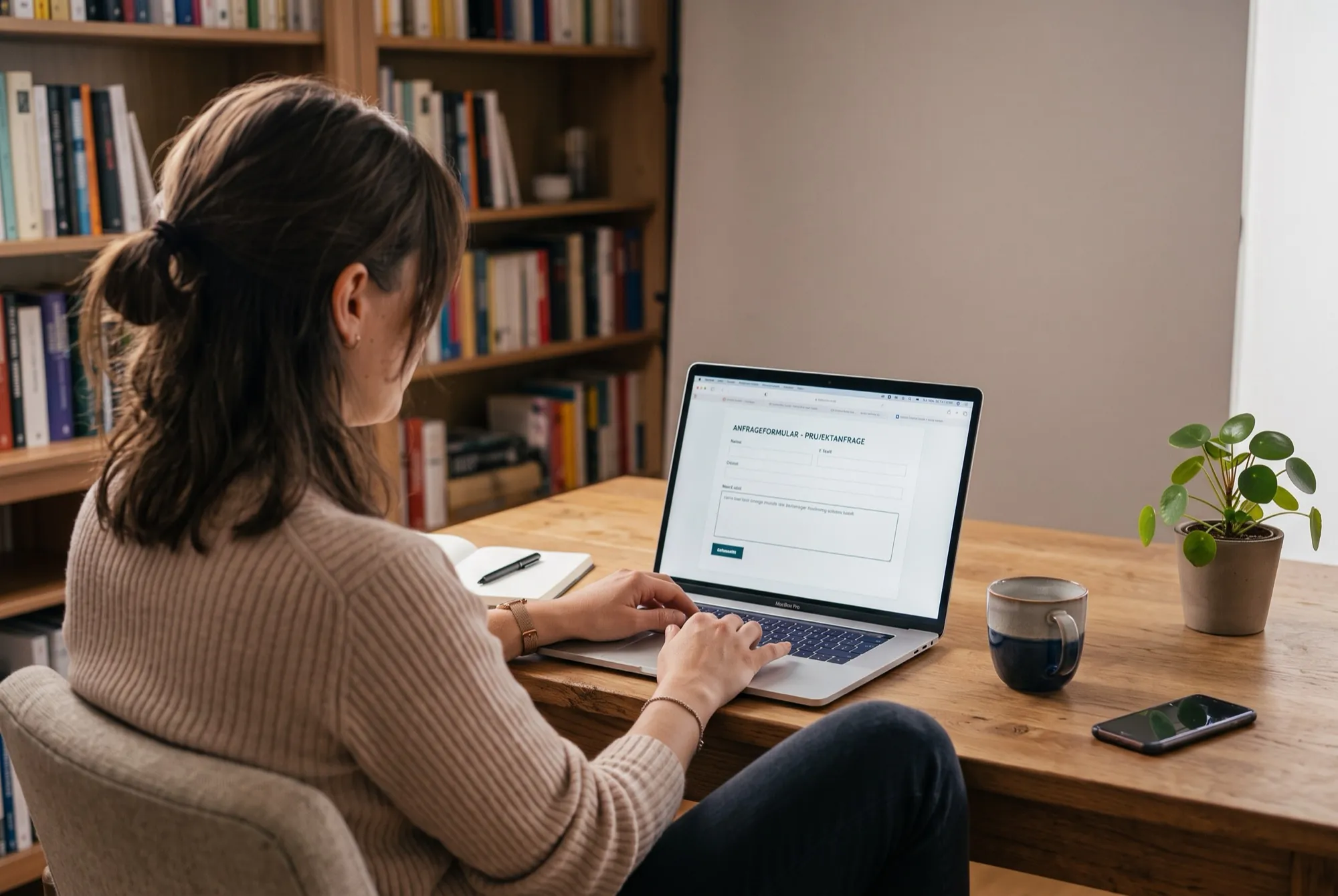 Person am Schreibtisch füllt am Laptop das Anfrageformular aus