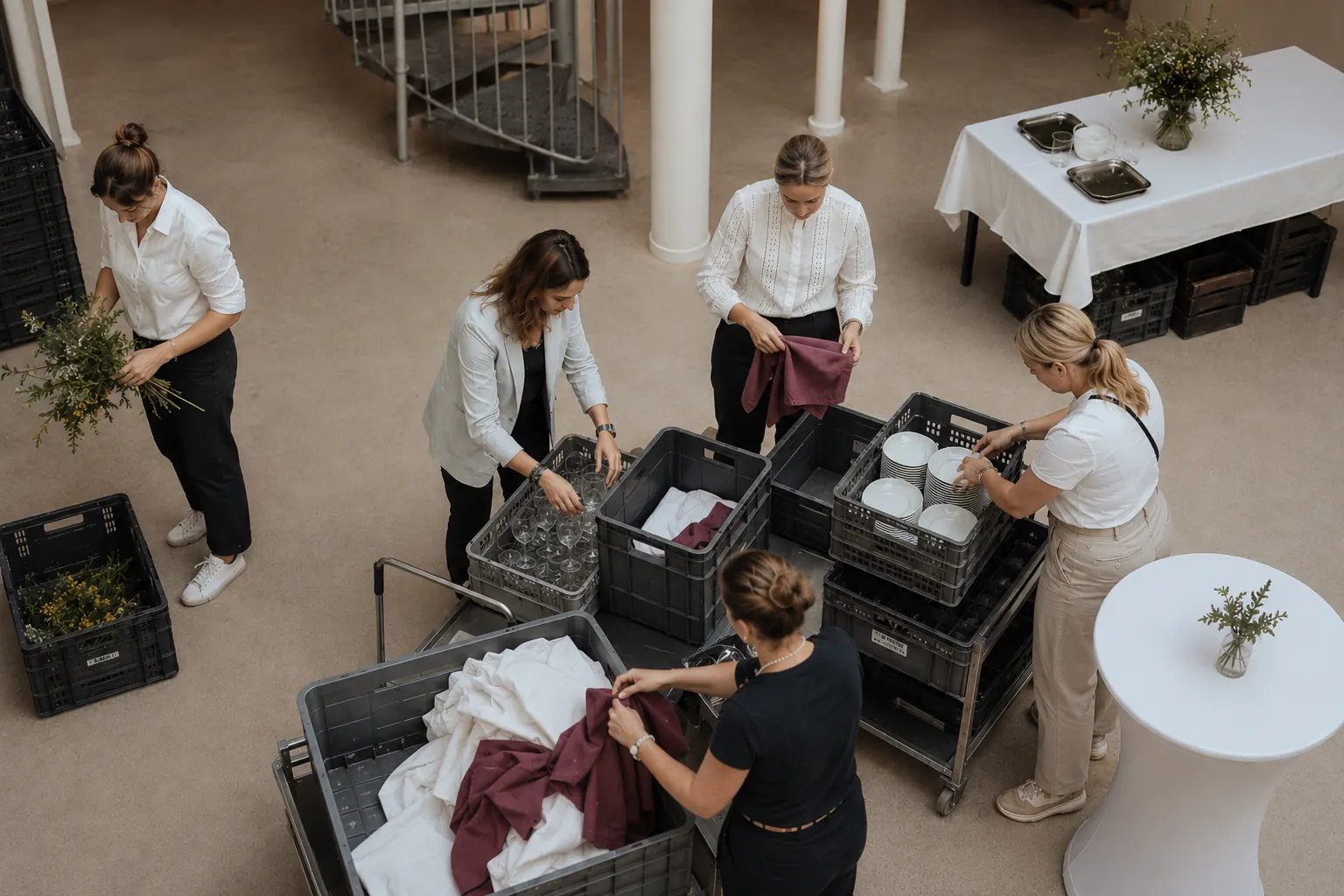 Team packt Gläser, Geschirr und Tischwäsche in Kisten auf einem Rollwagen