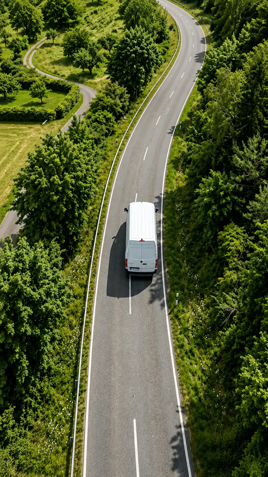 Weißer Transporter von oben auf einer geschwungenen Landstraße zwischen Wiesen und Bäumen