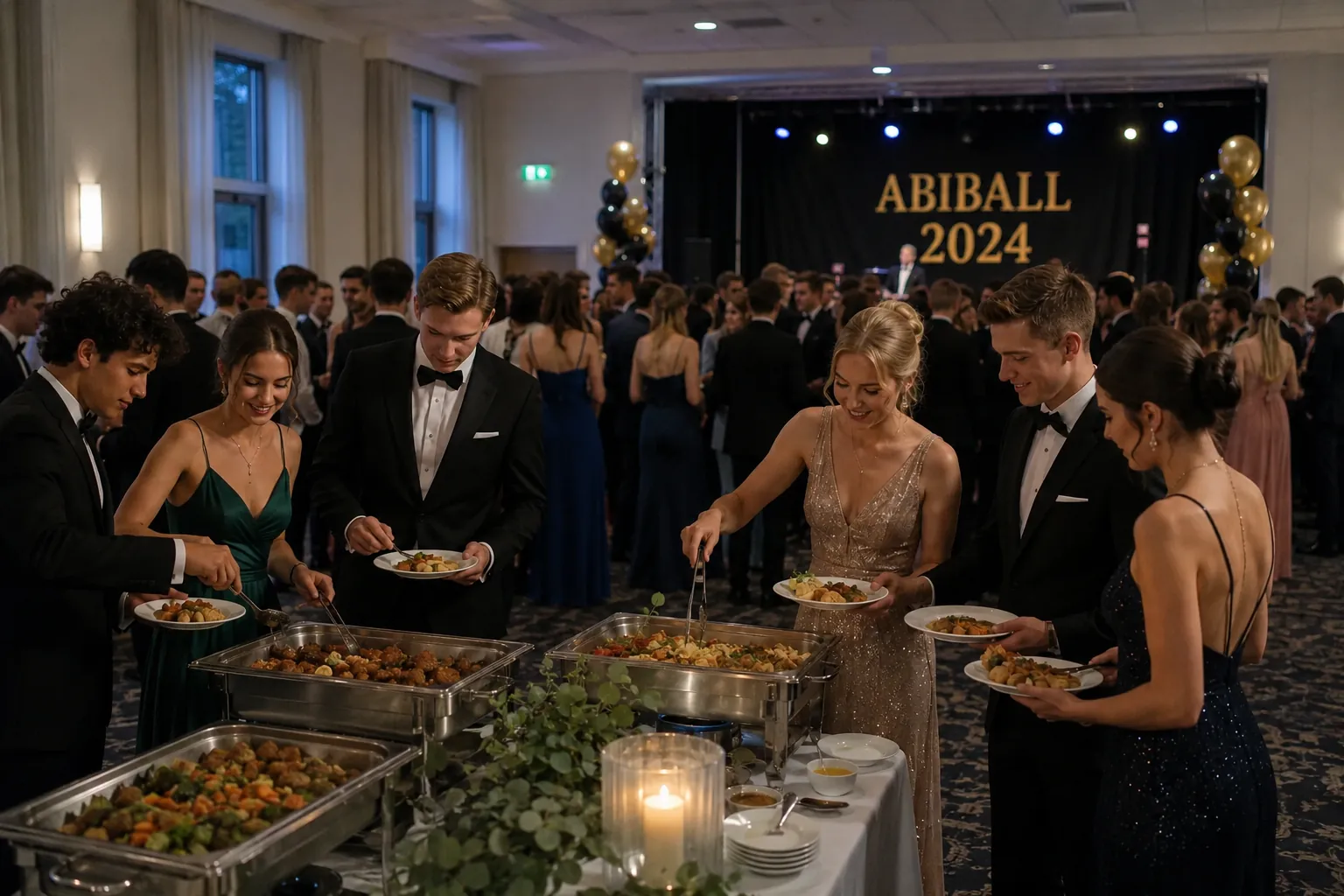 Abiball 2024: Gäste in Abendgarderobe am warmen Buffet vor der Bühne