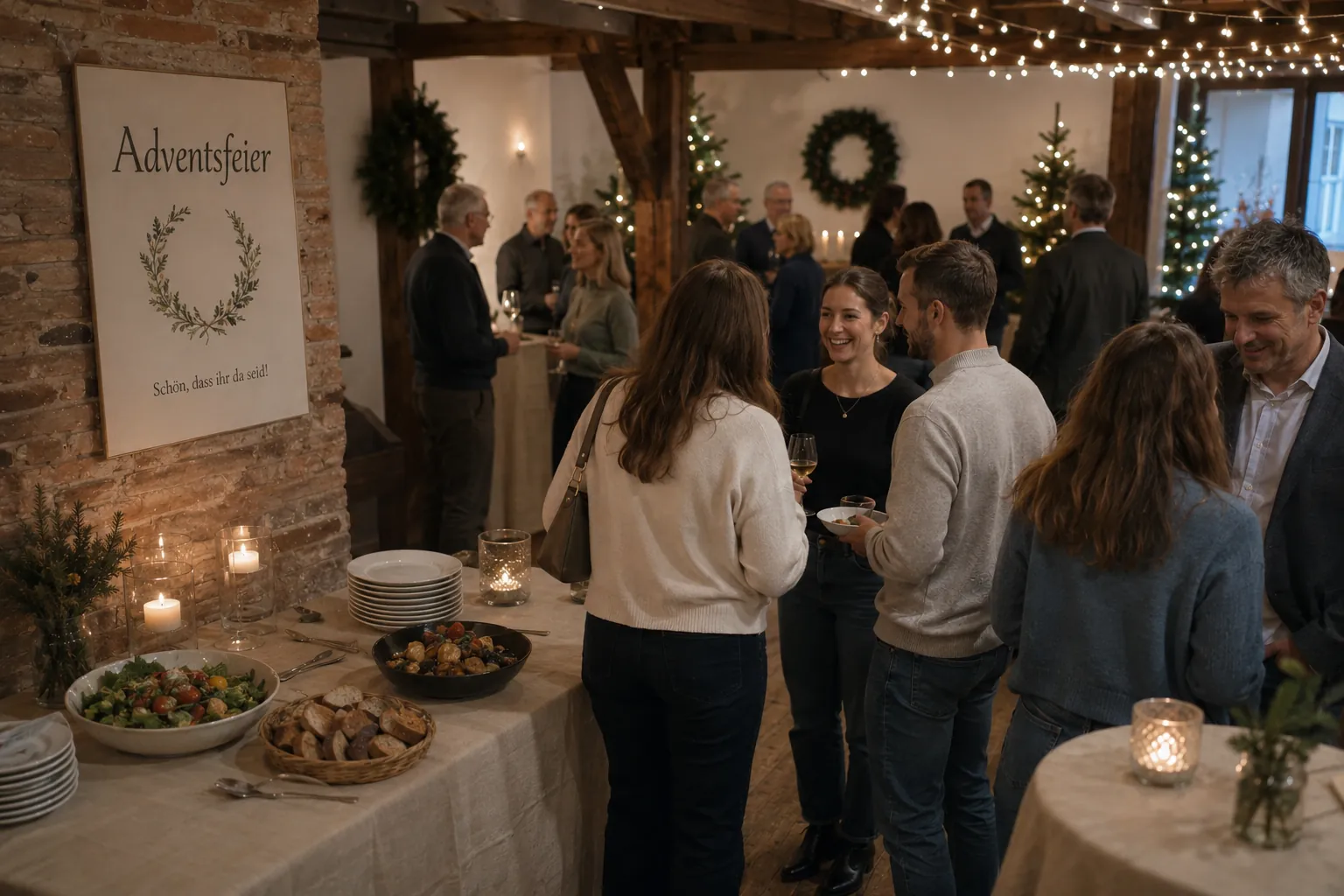 Adventsfeier in einer Scheune mit Lichterketten, Tannen und Buffet