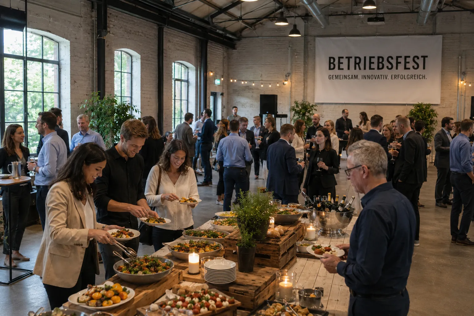 Betriebsfest in einer Halle, Gäste am langen Buffet