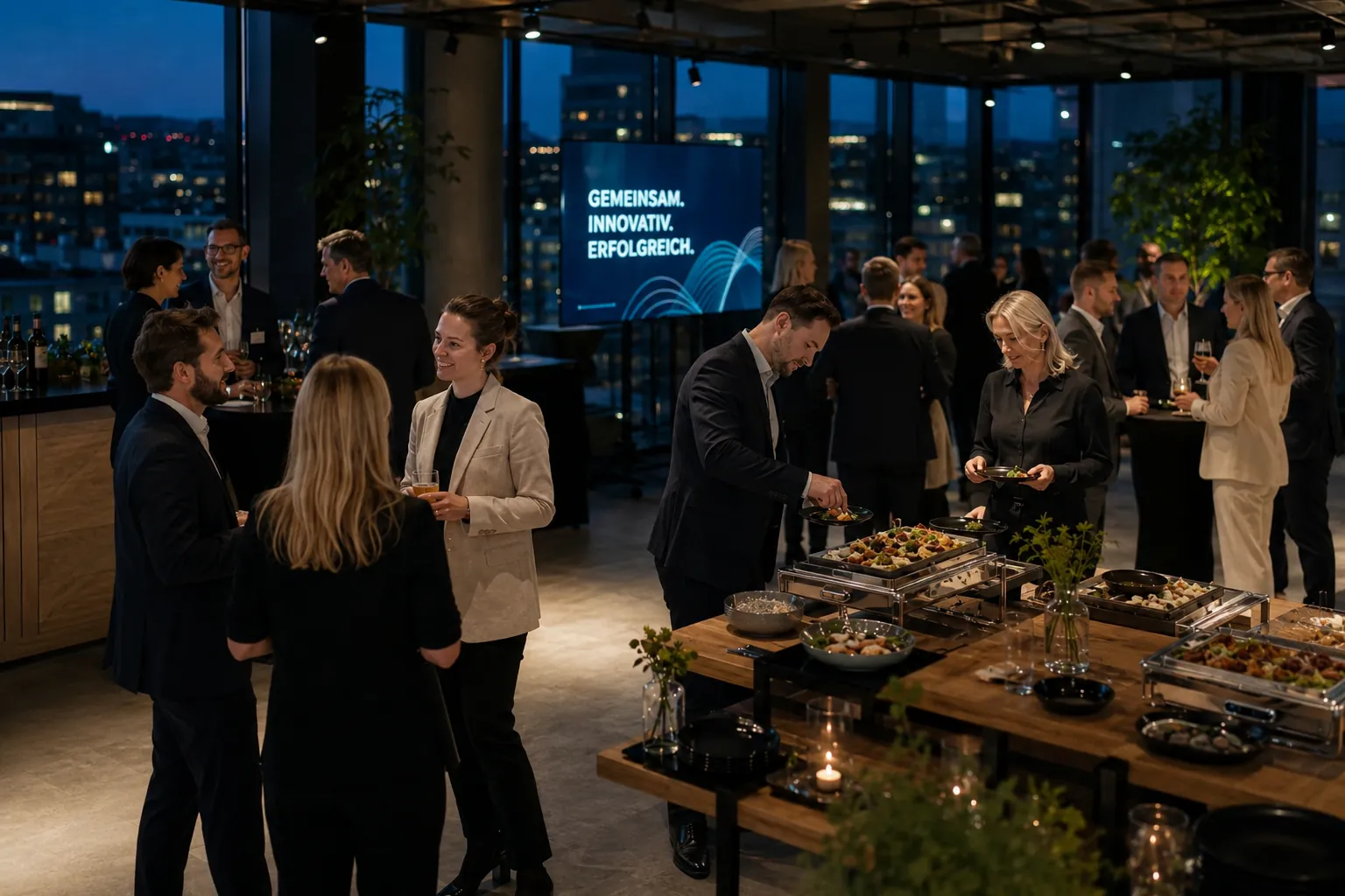 Firmenfeier in einer Etage über der Stadt, Gäste am Buffet