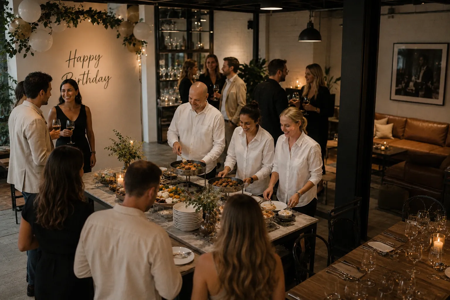 Geburtstagsfeier, das Serviceteam schöpft am Buffet aus