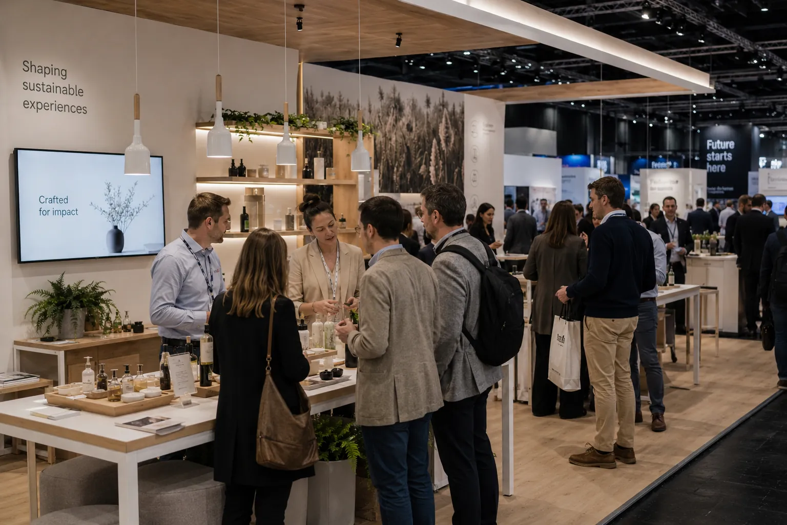 Catering an einem Messestand, Gäste im Gespräch