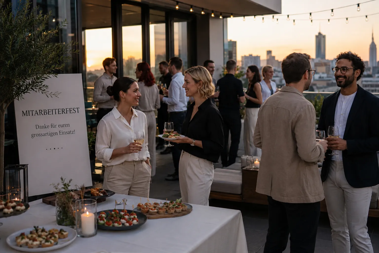 Mitarbeiterfest auf einer Dachterrasse im Abendlicht, Fingerfood auf der Tafel