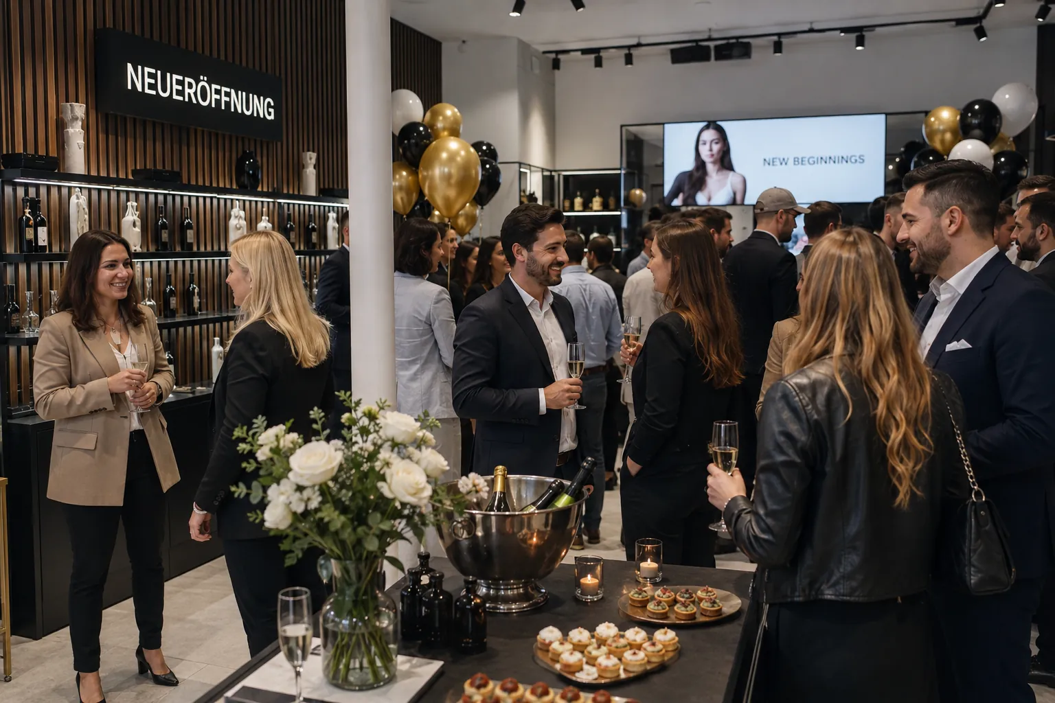 Neueröffnung eines Ladens, Gäste mit Sekt zwischen Ballons und Regalen
