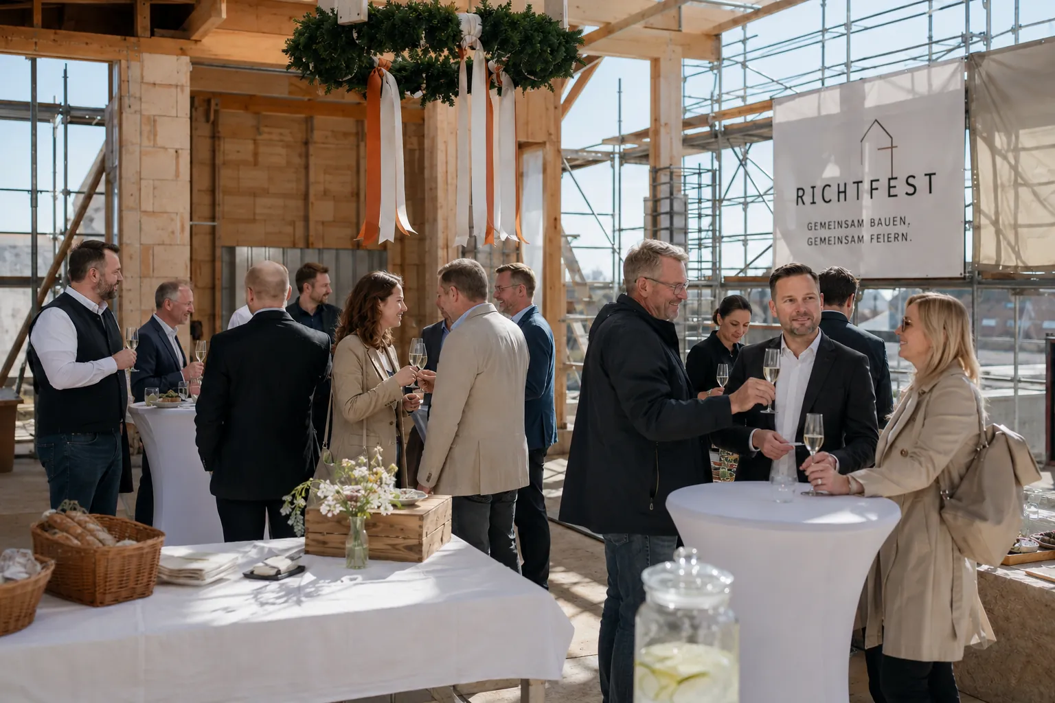 Richtfest im Rohbau mit Richtkranz, Stehtischen und Verpflegung
