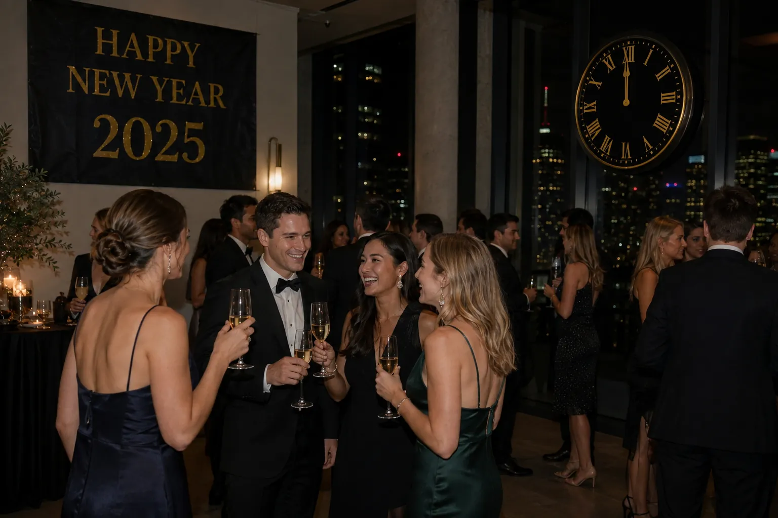 Silvestergesellschaft mit Sekt vor der Uhr kurz vor Mitternacht