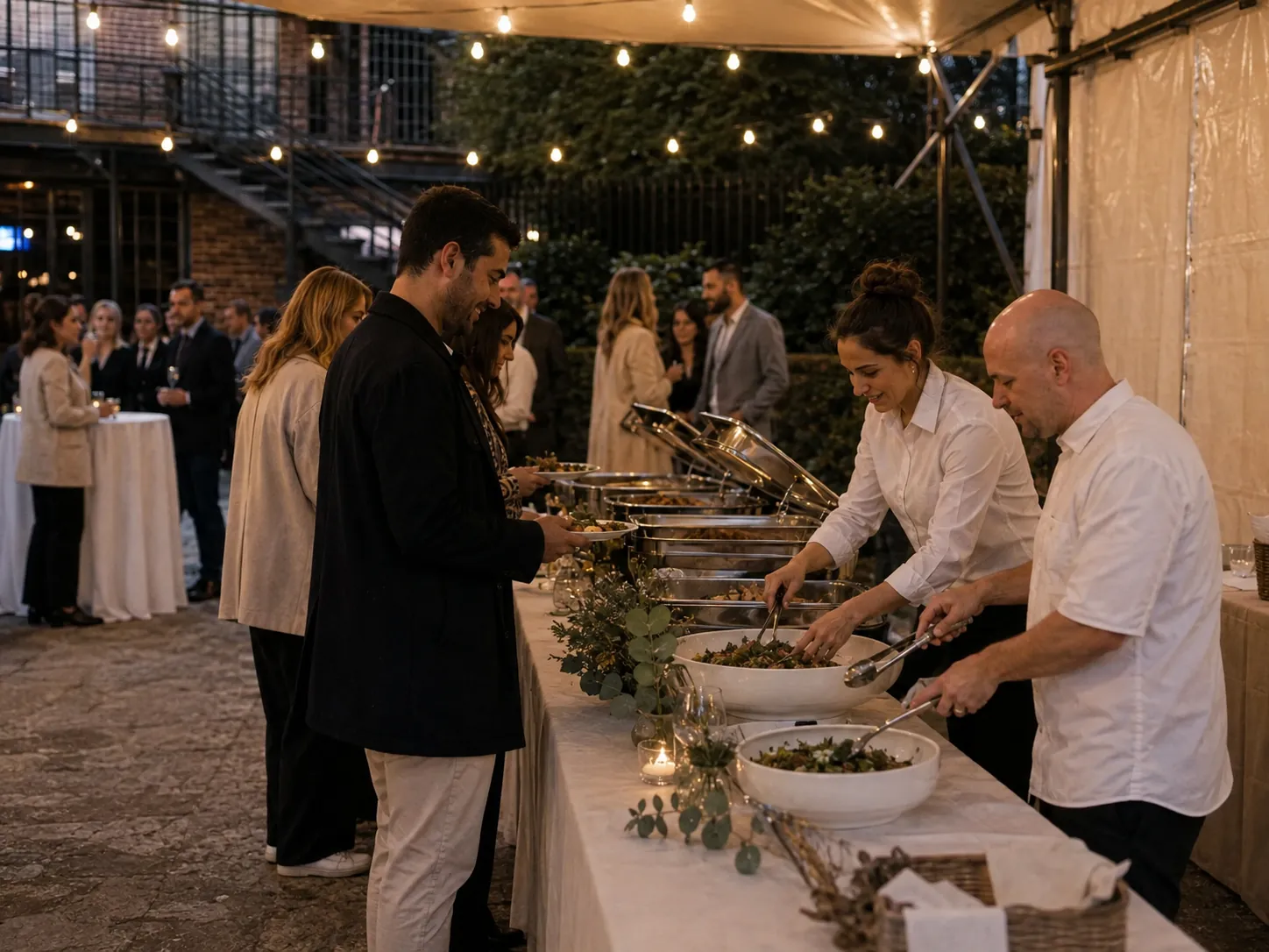 Abendbuffet im Hof, das Serviceteam schöpft aus den Chafing Dishes