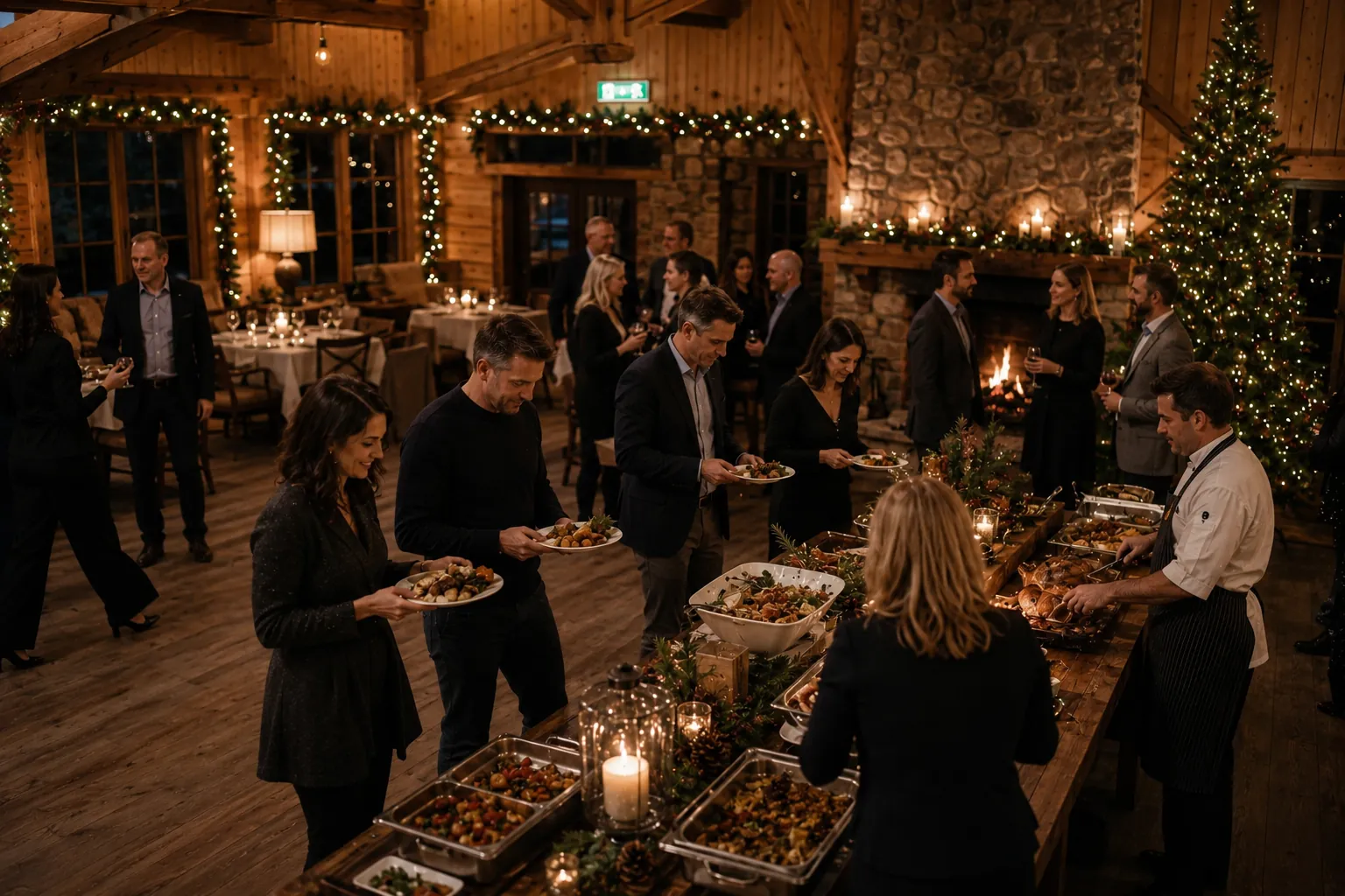 Weihnachtsfeier in einer Blockhütte am Kamin, Gäste am warmen Buffet