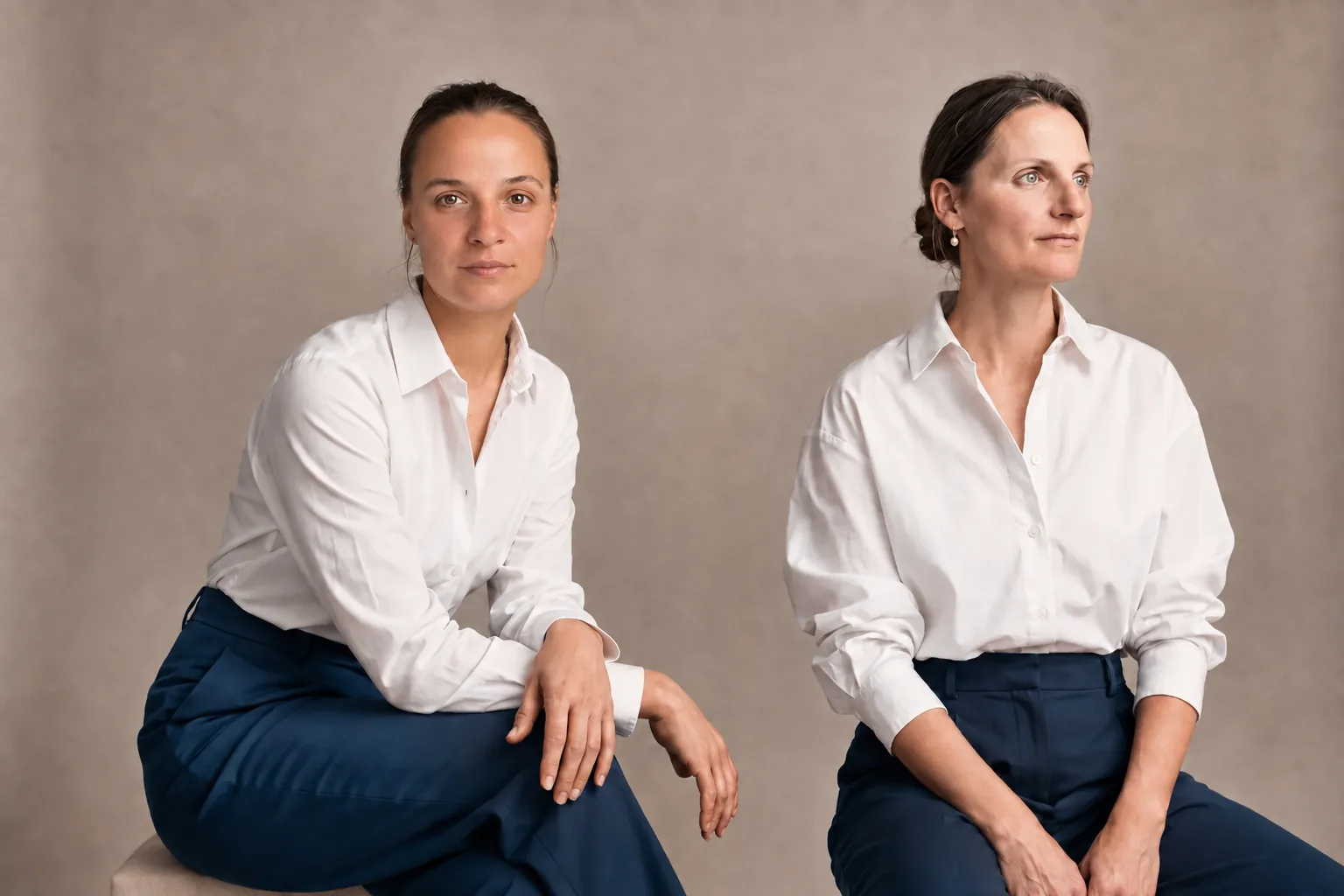 Zwei Frauen in weissen Hemden sitzen vor sandfarbenem Hintergrund