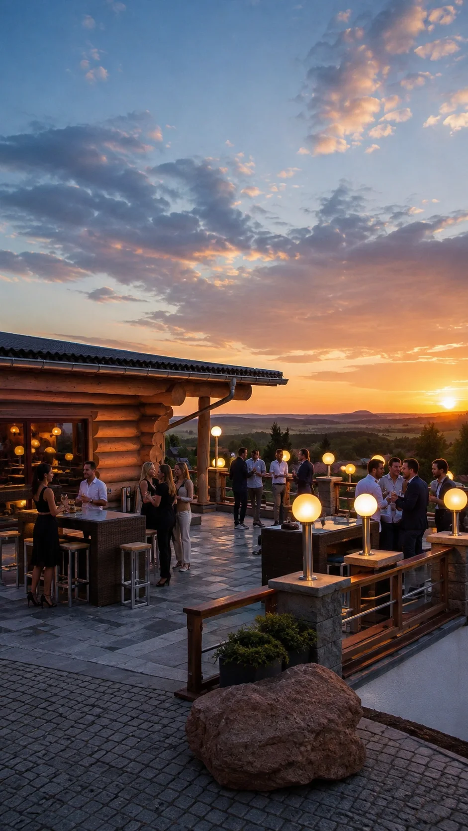 Abendliche Terrasse mit Gästen, dahinter Sonnenuntergang über dem Land