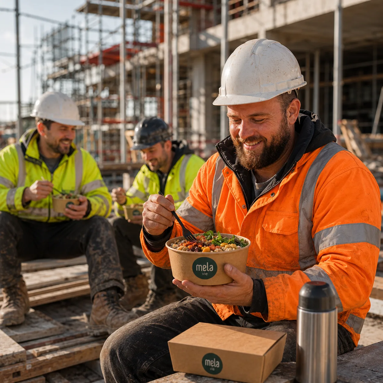 Bauarbeiter in Warnkleidung machen auf der Baustelle Mittagspause mit Bowls von Melavie