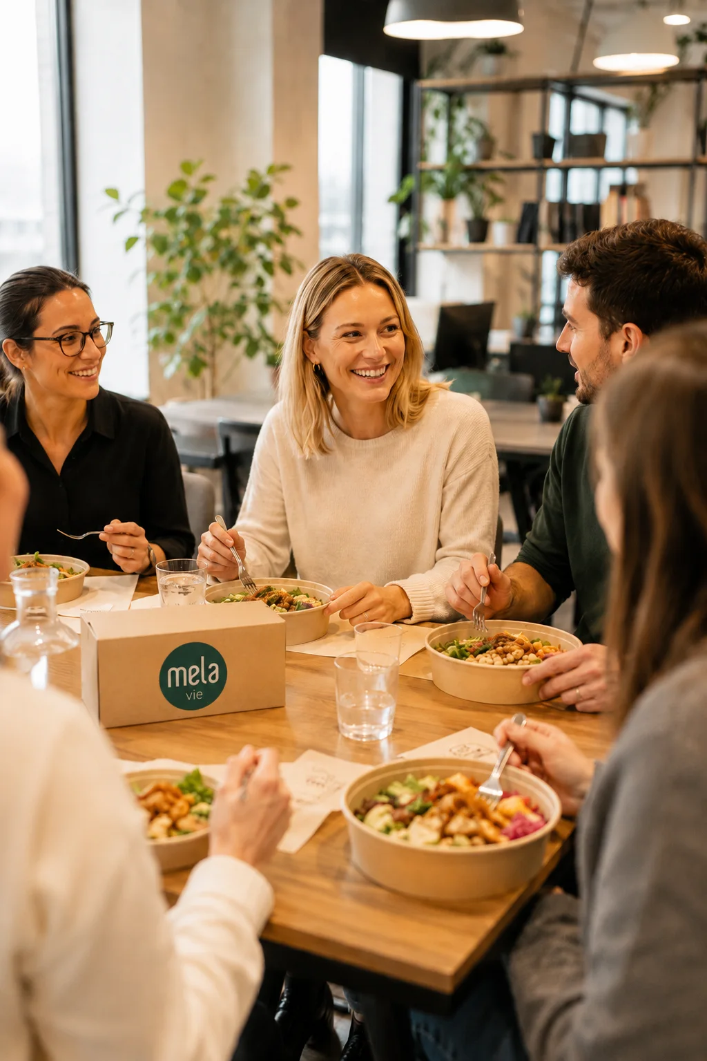 Kollegen beim gemeinsamen Mittagessen im Büro, vor ihnen Bowls und die Melavie-Lieferkiste