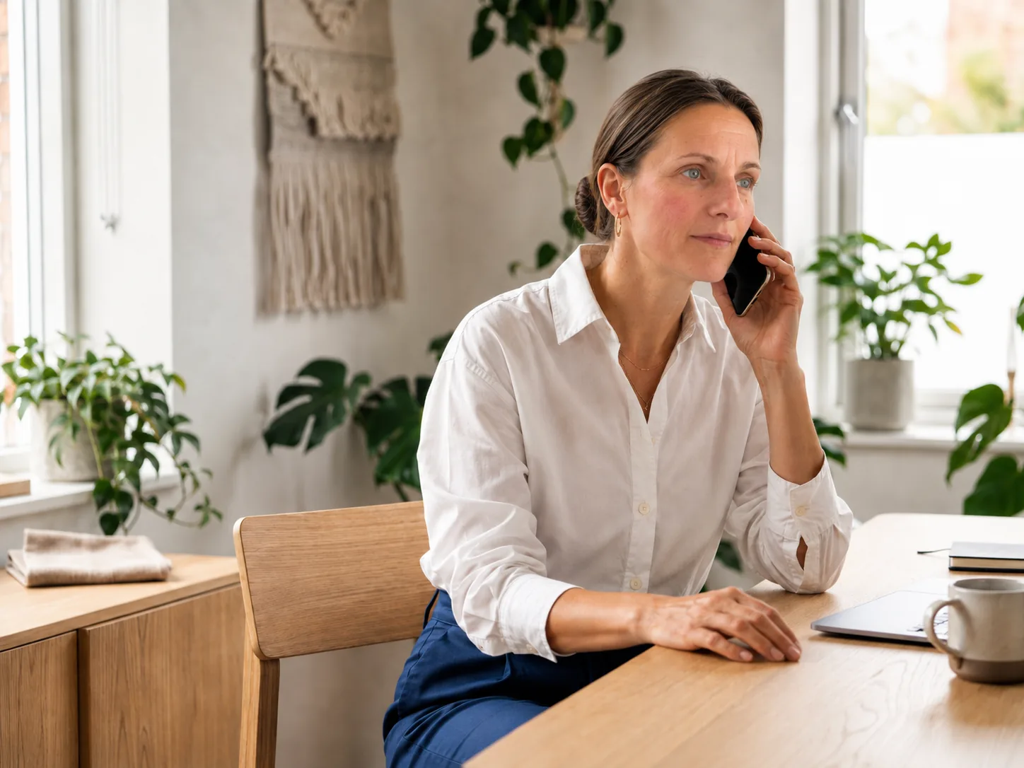 Frau telefoniert am Schreibtisch, daneben Laptop und Notizbuch