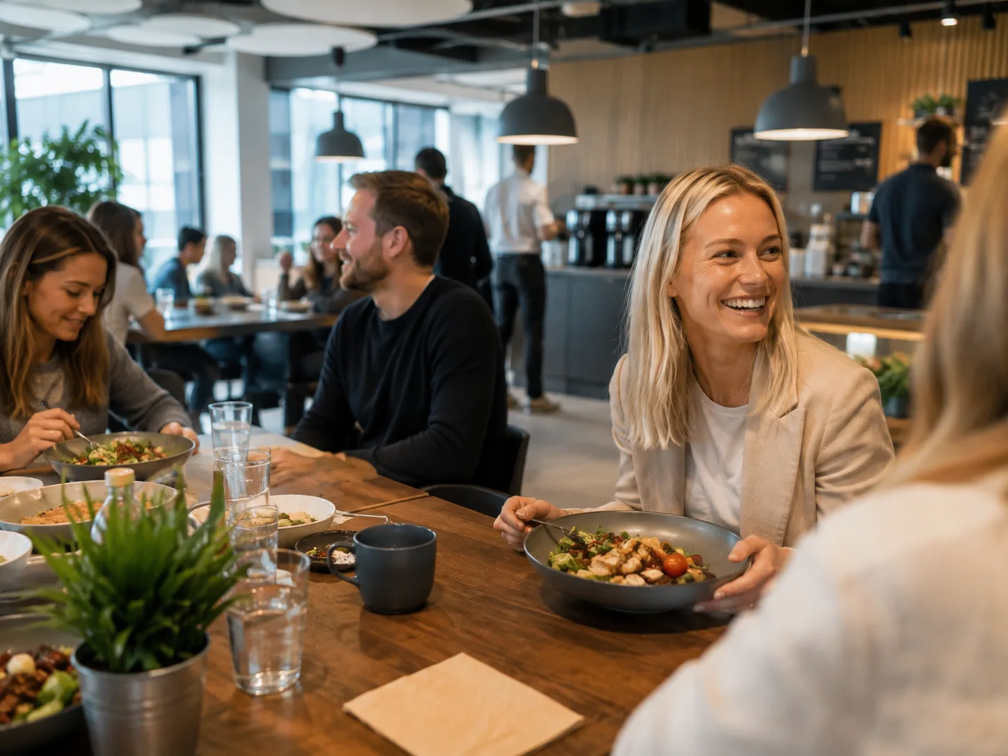 Team beim gemeinsamen Mittagessen im Büro