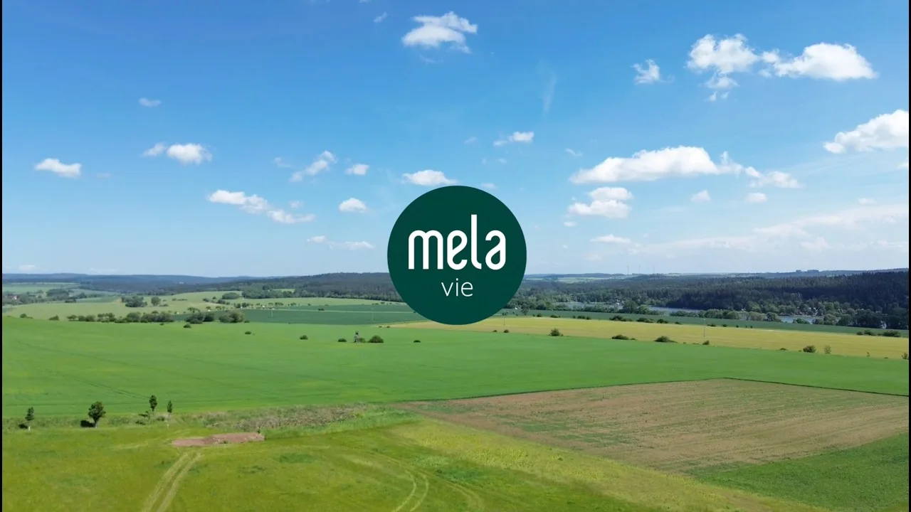 Standbild aus dem Video: Luftaufnahme über Felder und Wälder bei Hohenfelden, darüber das Melavie-Logo